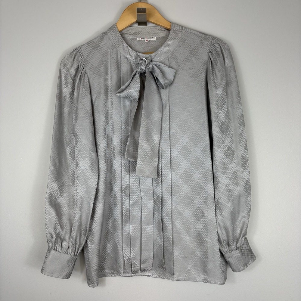 Vtg 1980s Yves Saint Laurent Rive Gauche Silk Jacquard Tie-Neck Blouse YSL - Picture 1 of 10